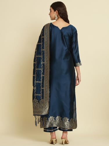Image of VredeVogel Women's Cotton Silk Jacquard Kurta Pant Set with Banarasi Silk Dupatta