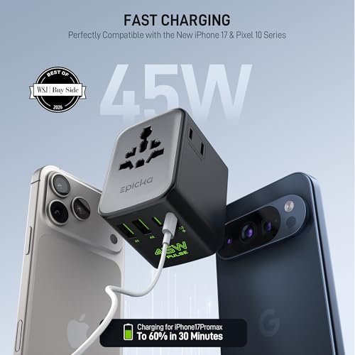 Image of Epicka Pulse Duo 45W Universal Travel Adapter, International Power Adapter with PD & QC 3.0 Fast Charging for 2 Devices Simultaneously, European Travel Plug Adapter, Travel Essentials (Black)