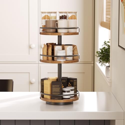 Image of HOOBRO 3-Tier Lazy Susan Organizer, Rotating Spice Rack, Turntable Spice Rack, Vertical Storage Organizer, for Kitchen Countertop, Vanity, Dining Table, Rustic Brown and Black BF09TL01