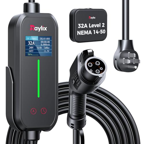 Raylix 32A Level 2 EV Charger, 240V 7.68kW Mobile Electric Car Charger with 21ft Cable [Adjustable Current & Delay Charging] Portable EV Chargers for All SAE J1772, NEMA 14-50 Plug 4 Prong Plug