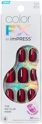 Kiss colorFX by Impress Press On Nails, Hidden Gem, 30 No Glue Peel and Stick Nails Kit with IMPROVED Adhesive, Red Short Oval Chrome Effect, Includes Prep Pad, Manicure Stick & Mini File