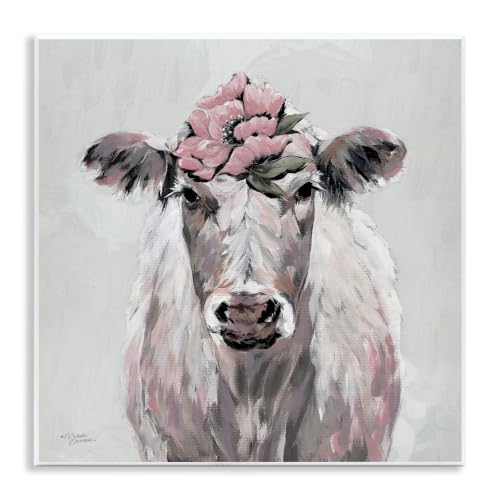 Stupell Industries Cow Cattle Flower Blossom Botanical Painterly Illustration, Design by Michele Norman,Beige