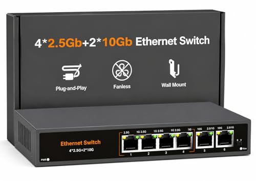 Image of 10Gb Ethernet Switch Unmanaged with 2 x 10G RJ45 Ports + 4 x 2.5G RJ45 Ports, 60Gbps, Fanless Metal, Plug & Play, VLAN, Desktop /Wall Mount for NAS, Gaming, WiFi 7 AP