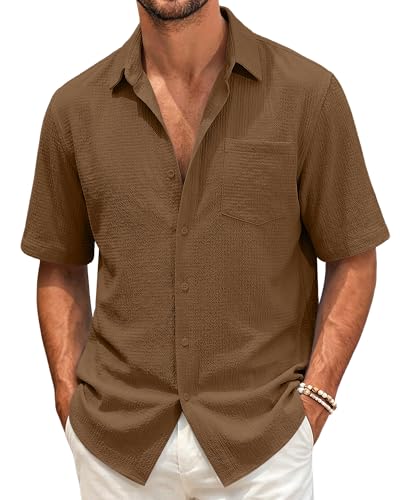 LINENNMAIN Mens Casual Button Down Shirt Short Sleeve Summer Brown
