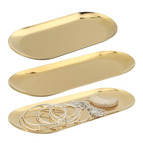 3-Piece Oval Stainless Steel Tray Set - Gold Decorative Tray for Bathroom, Kitchen, Home Decor