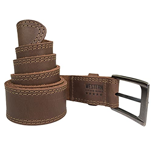 Thick Leather Men's Belt, Two Row Stitch Stylish Design - Everyday Belts for Men :: Bourbon Brown2
