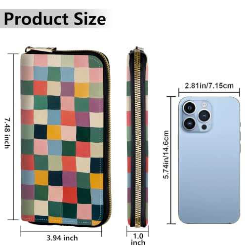 Image of Women's Wallets Credit Card Holder Money Leather Long Wallet | Long wallet with Wristlet,Large Capacity with Zip-Around Phone Purse for Women Ladies Girls,Colorful Retro Checkerboard