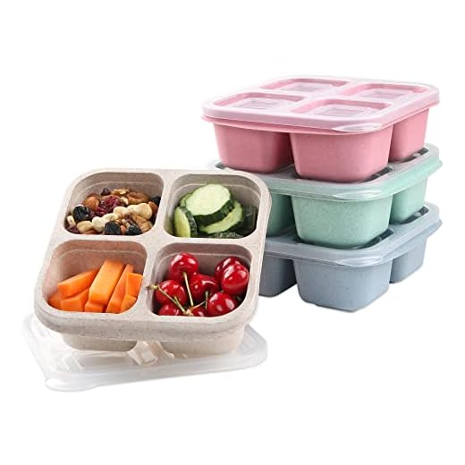 PUiKUS 4 Pack Snack Containers, 4 Compartments Bento Snack Box, Reusable Meal Prep Lunch Containers for Kids Adults, Divided Food Storage Containers for School Work Travel