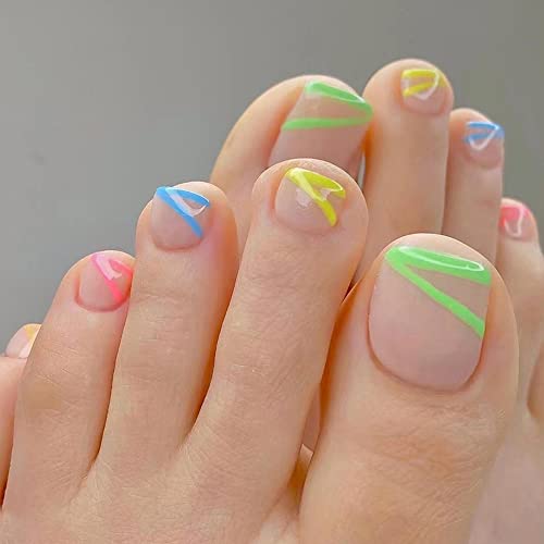 Press on Toenails French Colorful Line Design Fake Toenails With Glue Summer Detachable Press On Toenails Full Cover Acrylic Manicure Toenail Tips for Women 24Pcs/Box