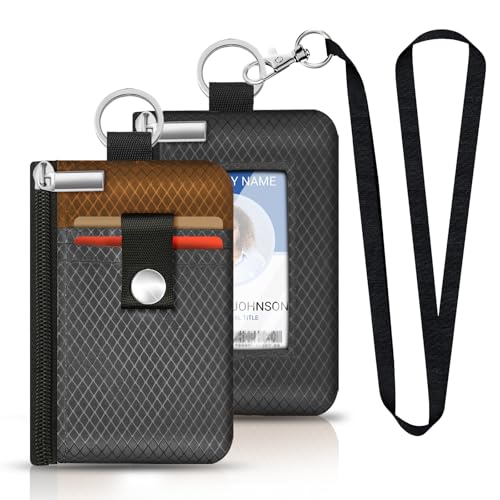 Image of Minimalist RFID Blocking Small Wallet with ID Window,WaterResistant Zip Id Case Wallet with Lanyard Keychain for Cards,Cash,Travel,Women,Men(Drak Grey /Brown)