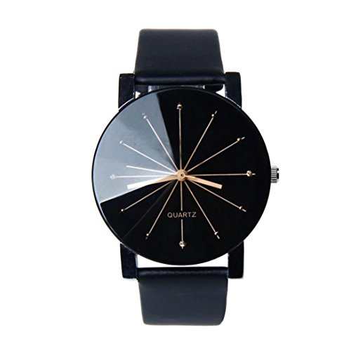 IEason,1Pair Men and Women Quartz Dial Clock Leather Wrist Watch Round Case (Black)