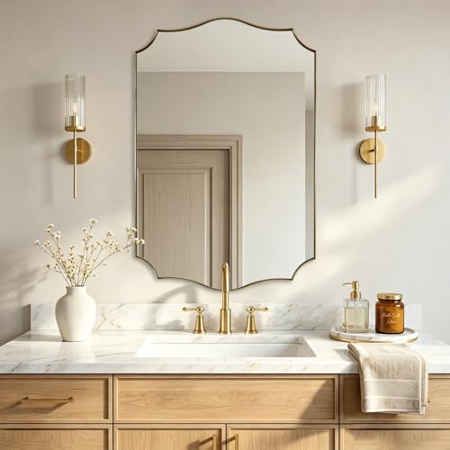 ANDY STAR 20x30 Gold Vanity Mirror Bathroom Mirrors for Wall Antique Champagne Bronze Mirror in Rustproof Stainless Steel Thin Frame Elegant Curved Scallop Design Ideal for Home Remodel