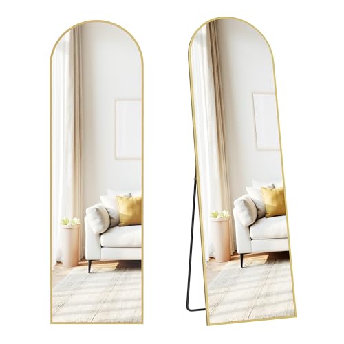 SONGMICS Specchio a Figura Intera, 150 x 40 cm, Specchio da Terra ad Arco con Supporto, Cornice in Lega di Alluminio, Vetro Temperato, Camera da Letto Soggiorno, Oro Pallido LFM035AB01