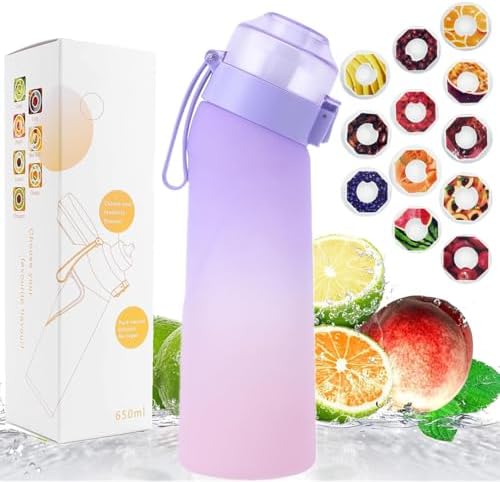 Sports Air Water Bottle BPA Free Starter up Set Drinking Bottles,650ML Fruit Fragrance Water Bottle,with 7 Flavour pods%0 Sugar Water Cup,for Gym and Outdoor Gift (Gradient Purple+12Pc Flavor Pod)