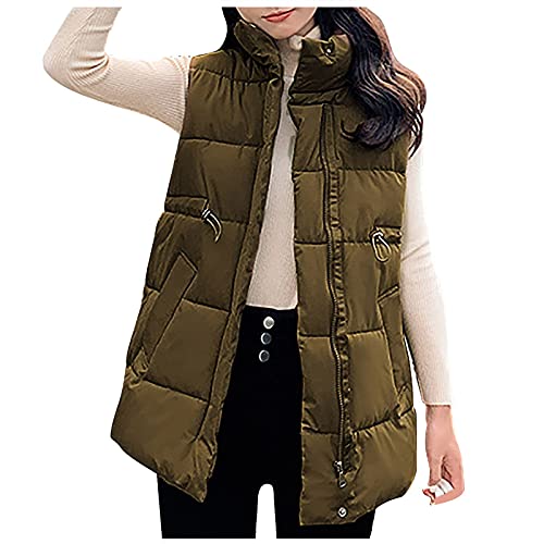 HHMY Chaleco acolchado largo para mujer: abrigo largo de invierno chaleco con capucha sin mangas abrigo de plumas cálido con bolsillos chaleco acolchado chaqueta de entretiempo, S - 5XL, K02-Khaki, M