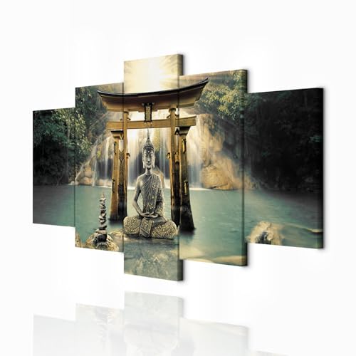 decomonkey Bilder Buddha 200x100 cm 5 Teilig Wandbild Groß Leinwandbild...