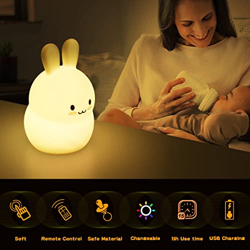 Cute Bunny Kids Night Light, Easter Gift Kawaii Rabbit Birthday Gifts Room Decor Bedroom Decorations For Baby Girls Children, Led 9 Color Changing Animal Squishy Silicone Lamp - Tap & Remote Control #TOP2