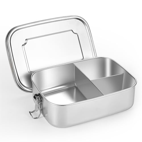 YLARMY Large 304 Stainless Steel Bento Box with 3 Compartments for Adults,(40OZ/1200ML) Leak Proof Metal Lunch Box Food Container for Work Food Storage,Suitable for Snacks and Salad (1200ML)