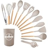 ANSISUN 14 Stück Küchenhelfer Set, Silikon Küchenhelfer mit Holzgriff, Antihaft Hitzebeständiges Kochbesteck Set inkl. Utensilienhalter, Küchenhelfer Aufbewahrung, Spülmaschinengeeignet (Khaki)