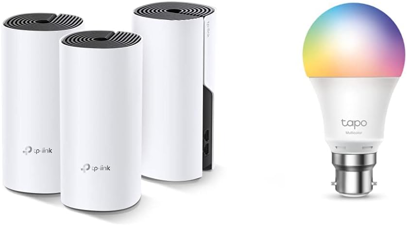 TP-link Deco M4(3-Pack) Dual Band WiFi Mesh AC1200 Smart Router and Free Color tp-link Tapo Smart WiFi Bulb Tapo L530B 8.7W