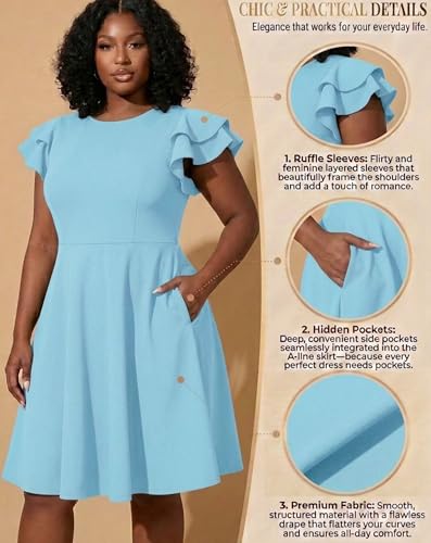Image of IyMoo Women's Plus Size Cape Flutter Sleeve Stretchy A Line Swing Flared Skater Cocktail Party Dress with Pockets