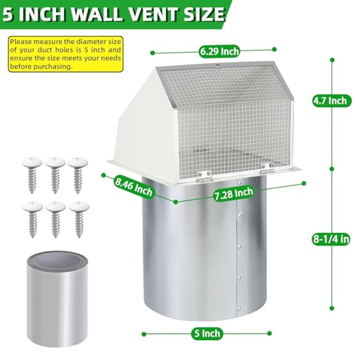 Image of 5 Inch Hooded Wall Vent with Screen and Damper,5 inch Vent Hood Wall Exhaust Vent Cover,Dryer Vent Cover Outside,5 inchVent Cover Exterior Wall Vent Cap for Range Hood Kitchen Air Ventilation,Galvanized Steel