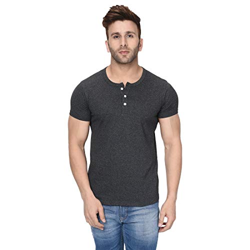 Image of London Hills Henley Neck T Shirt for Men | Tshirt for Man | T Shirt for Men | Mens Casual T Shirts | Cotton Blend Solid Half Sleeve Button Neck Slim Fit Casual Tee