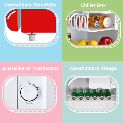 Comfee' RCD50RE2EURT(E) kleiner Kühlschrank, 47 Liter, Retro-Design, Mini-Kühlschrank mit Mono-Tür, einstellbarer Thermostat, leise, geeignet für Zuhause, Büro und Hotel, Rot [Energieklasse E]