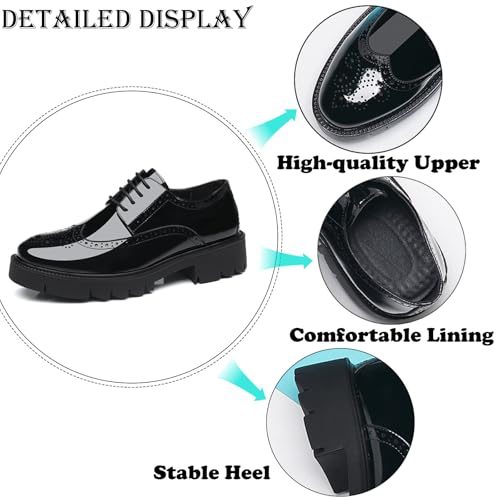 Men's Platform Brogue Wingtip Oxfords Round Toe Breathable Lace-up Chunky Heel Leather Dress Shoes with Heightening Anti-Slip Sole for Business Wedding Office3