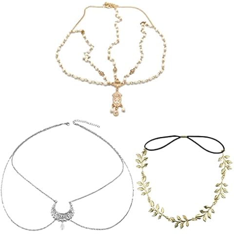 KARLOR Pack of 3 Headpieces Head Chain Silver Golden Hair Chain Boho Headband Beads Moon Leaves Tassel Princess Hair Band Wedding Party Halloween Cosplay Hair Accessories Women Girls (Moon Set) Cover