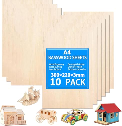 Tiusixsy 10 Stück Sperrholzplatte 3mm, 300 x 220 mm Lindensperrholz, A4 Sperrholz, Holzplatten zum Basteln, für DIY Holzarbeiten, Laserbearbeitung, Brandmalerei, Holz Modellbau, Gemälde