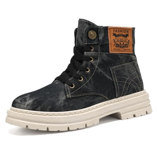 LokoLucx Men's Fashionable Denim Design Lace Up Boot, Casual Comfortable Blue Boots for Men Daily Wear, Male All-match Round Toe High Cut Daily Wear, Footwear, Casual Ankle, Walking Shoes (black,10)