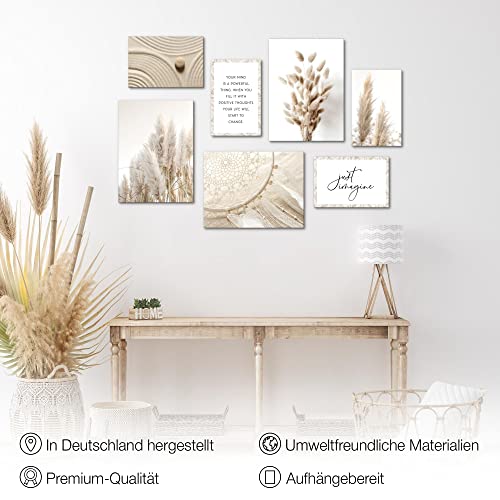 Novart Wandbilder Pampasgras - KOMPLETT AUFHÄNGFERTIG - Beige Vintage Wohnzimmer Schlafzimmer - 7 Moderne Mood-Bilder - N020071a