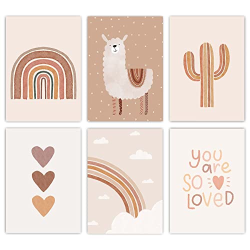 Image of Canssape 6pcs Boho Baby Room Decor Poster, Canvas Wall Art Prints, Rainbow Nursery Wall Decor, Unframed Kids Wall Decor for Baby Girl Room Art, Heart Color, Animal Theme, Watercolor, 8x10 inch