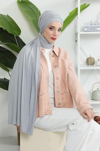 Aisha's Design Instant Hijab Scarves for Women, 95% Cotton Pretied Bonnet Turban & Jersey Shawl Head Wrap Premium Lightweight and Breathable Hijab for Women, Easy to Wear Cotton Headscarf, Light Grey4