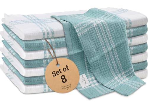 Urban Villa Dish Cloths Waffle Dish Cloths for Kitchen Aqua/White Color Set of 8 Quick Drying Dish Cloths Highly Absorbent Cotton Size 12X12 Inches with Mitered Corners Kitchen Dish Towels
