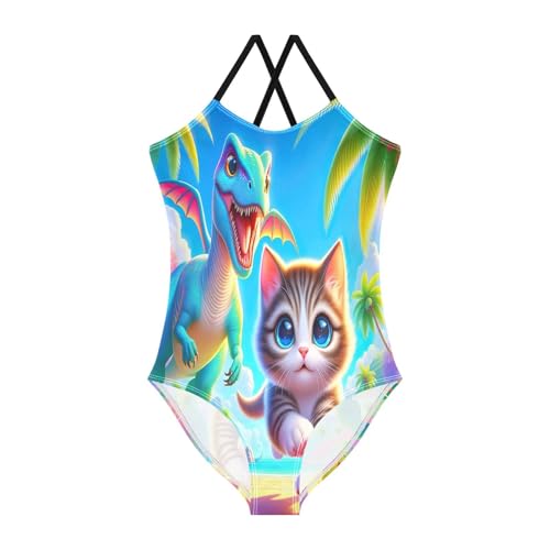Kids Swim Suits Beach Swimsuit Girls 3-10 Y with Adjustable Shoulder Strap, Cute Dinosaur Cat