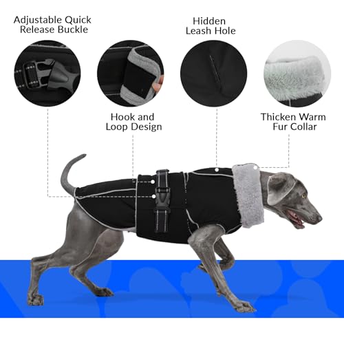 PUMYPOREITY Hundemantel Winter, Wasserdicht Hundejacken Große Hunde Weste Winddicht Hundejacke Warm Fleece Haustier Bekleidung Reflektierend Winterjacken mit Leine Loch(Schwarz, S)