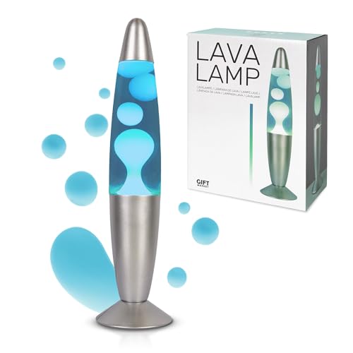 GIFTMARKET – Lampada lava blu e cromata. Lampada da comodino con 2 lampadine incluse, regalo originale e divertente per adolescenti. Lampada retrò 34 x 8,5 cm, luce ambiente ipnotica.