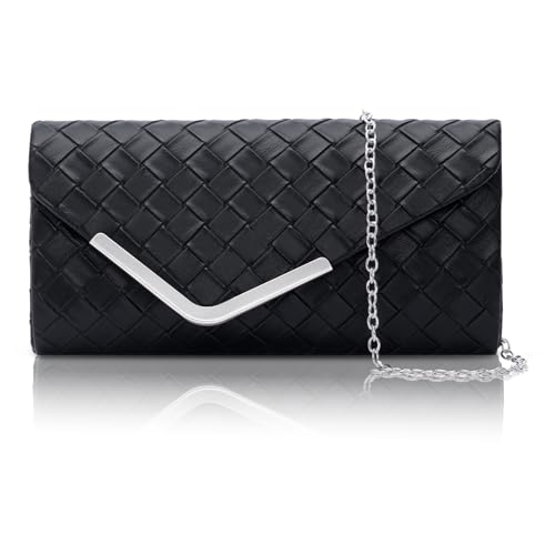 Larcenciel Bolso Mujer Negro, Elegante Bolso de Mano de Cuero con Cadena Desmontable, Vintage Clutch de Noche Sobre a Cuadros, Moda Crossbody Bandolera, Carteras de Mano para Boda, Fiesta, 22x11x5CM
