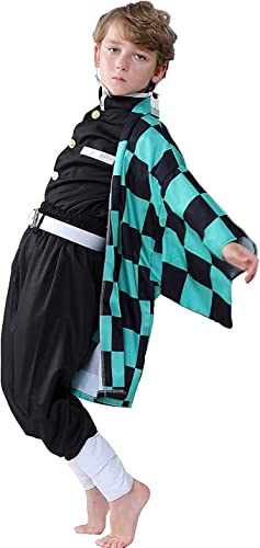 Deaboat Tanjir Cosplay Costume Outfit Green Robe Kimono Black Uniform with Full Cosplay Set for Boys