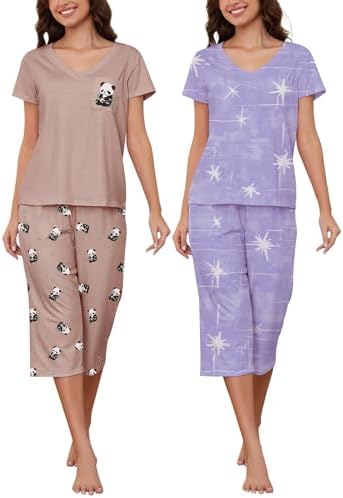 HONG HUI 2 Pack Womens Pajamas Set Short Sleeve Sleepwear Tops and Capri Pants Pjs Summer Loungewear Pj Sets S-3XL