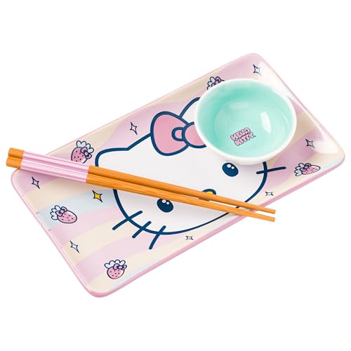 Image of Silver Buffalo Sanrio Hello Kitty Strawberries and Bows Kawaii Ceramic Sushi Set with Dipping Sauce Dish and Matching Chopsticks