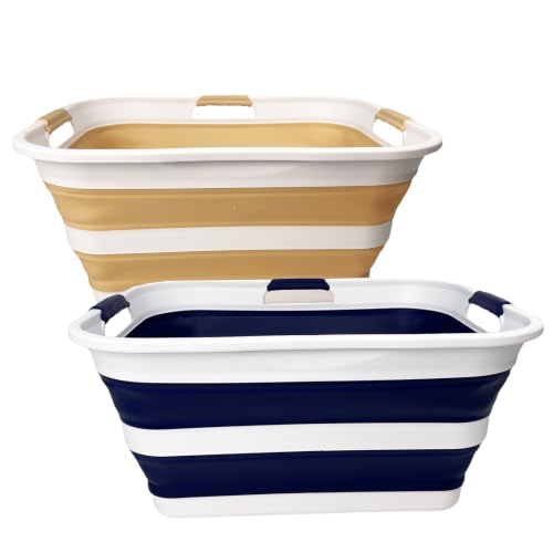 Image of SAMMART 42 (11 Gallons) Collapsible Plastic Laundry Basket, Foldable Pop Up Storage Container /Organizer, Space Saving Hamper, Portable Bin for Dorm Room Bathroom (2, Starry Blue+Beige)