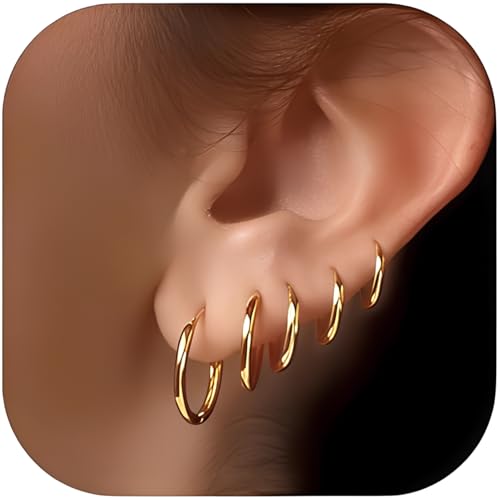 Image of 5 Pairs Hoop Earrings for Women, Golden Hoop Earring Set with Sizes 6mm /8mm /10mm /12mm /14mm, Small Hoops Earrings for Women