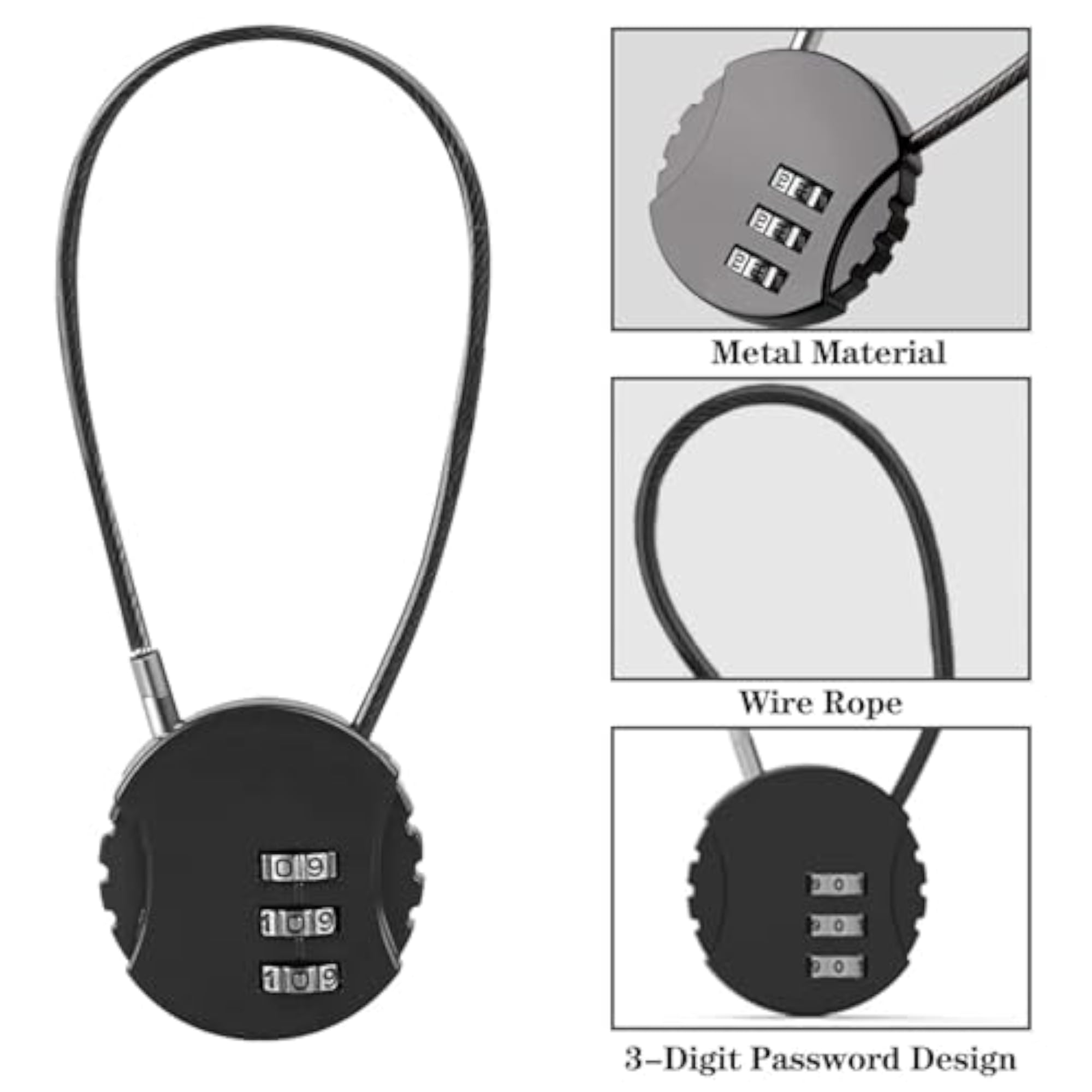3 Digit Combination Travel Luggage Lock with Steel Cable
