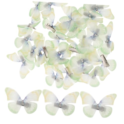 BAZEITFLOW 50個薄?薄緑バタフライヘアクリップ 軽量オーガンザ羽根付き バタフライスナップクリップ 女の子用 素材 薄型蝶々ヘアピン 滑り止