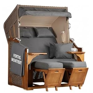 MR. DEKO Strandkorb Schleswig Pinie Braun PE Mokka Dessin 560 | 2 Sitzer wetterfest | Ostseefeeling Garten Balkon | Roofed Wicker Beach Chair | Strandkörbe Volllieger Pinienholz | Fertig montiert