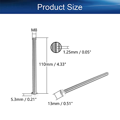 Image of Bettomshin 5Pcs M8 x 110mm Hex Bolts, 304 Stainless Steel 1.25mm Thread Pitch Fully Threaded Metric Hex Head Screw Bolts, Hexagon Screw Bolt, Hex Tap Bolts, Silver, A2-70 (Overall Size 115.3x13x13mm)