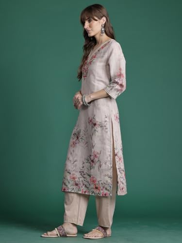 Image of INDO ERA Women's Straight Linen Floral Printed Embroidered Kurta & Pant with Dupatta Set